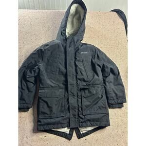 Kid's Black Eddie Bauer Fleece Lined Down Coat Winter Hood Parka XS 5-6 Winter